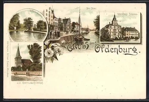 Lithographie Oldenburg / Oldenburg, Grossherzogliches Schloss, Kirchhofslinde am Gertrudenfriedhof