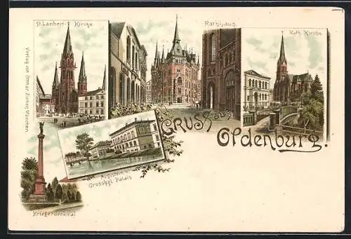 Lithographie Oldenburg / Oldenburg, Rathaus, katholische Kirche, St. Lambert- Kirche