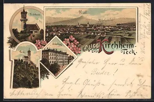 Lithographie Kirchheim-Teck, Teckthurm, Schulhaus, Teck