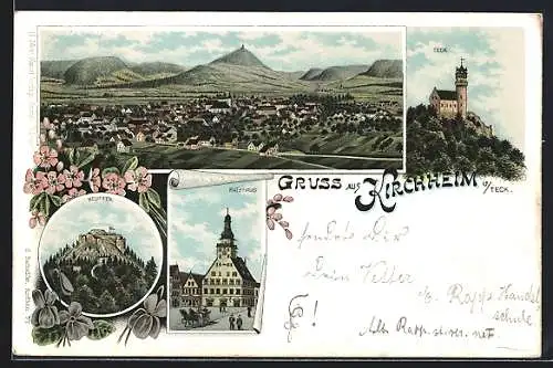 Lithographie Kirchheim / Teck, Panorama, Neuffen, Teck, Rathaus, Pferdekutsche