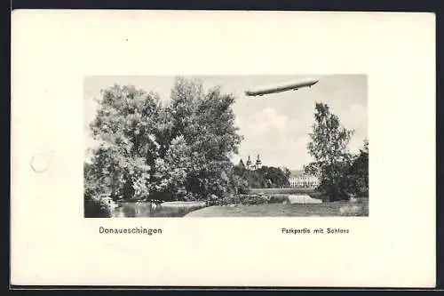 AK Donaueschingen, Parkpartie mit Schloss und Zeppelin