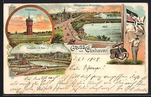 Lithographie Cuxhaven, Teilansicht von der See, Wasserturm, Deichstrasse mit Binnenhafen