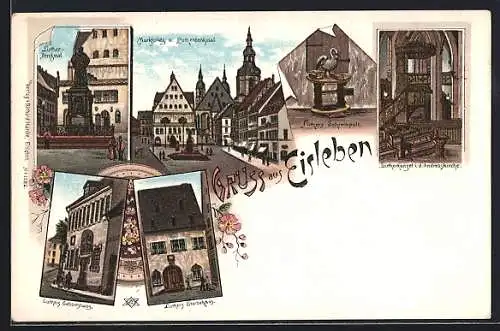 Lithographie Eisleben, Luthers Sterbehaus, Marktplatz und Lutherdenkmal