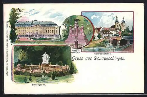 Lithographie Donaueschingen, Fürstl. Schloss, Schützenbrücke, Donauquelle