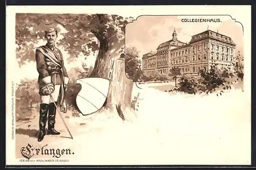 Lithographie Erlangen, Teilansicht Collegienhaus, studentische Szene