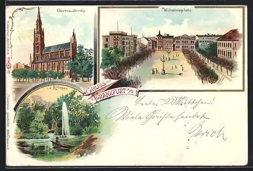 Lithographie Frankfurt a. O., Gertraudkirche, Wilhelmsplatz, I. d. Anlagen