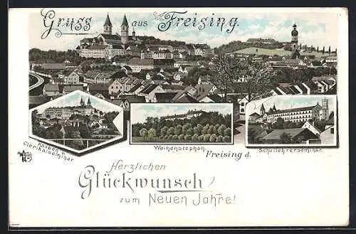 Lithographie Freising, Knaben und Clerikalseminar, Weihenstephan, Schullehrerseminar, Neujahrsgruss