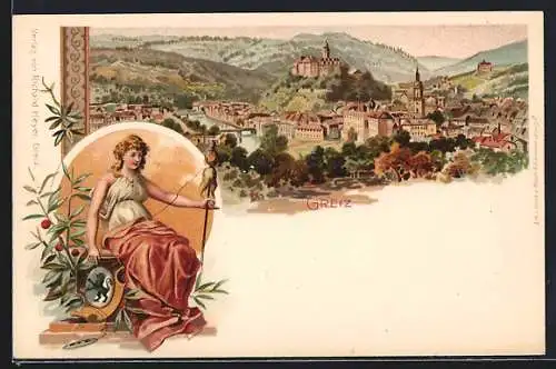 Lithographie Greiz, Ortsansicht aus der Vogelschau