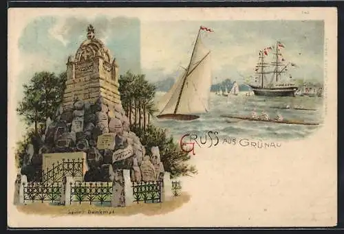 Lithographie Berlin-Grünau, Sport-Denkmal, Segel- und Ruderboote auf der Dahme