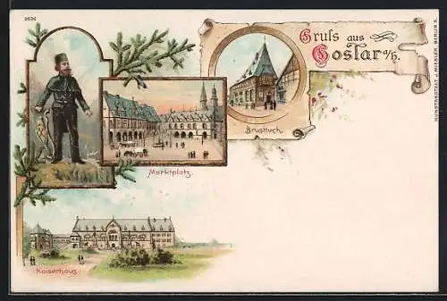 Lithographie Goslar / Harz, Marktplatz, Brusttuch, Kaiserhaus