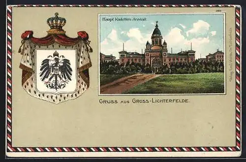 Passepartout-Lithographie Berlin-Gross-Lichterfelde, Haupt Kadetten-Anstalt, Wappen