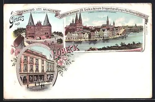 Lithographie Lübeck, Geschäft Henning von Minden Breitestr. 59, Holstentor, Teilansicht von Chimborasso gesehen