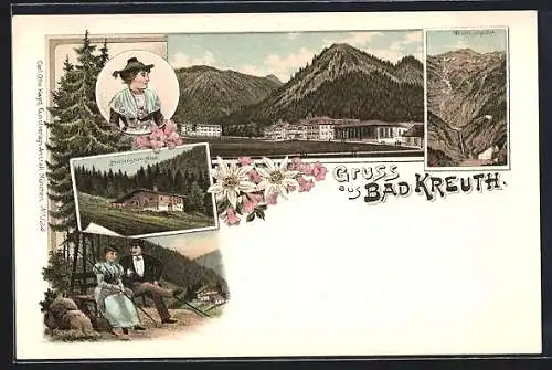 Lithographie Bad Kreuth, Panorama, Hohlenstein-Alpe, Wolfsschlucht