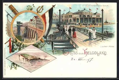 Lithographie Helgoland, Conversations Haus und Läster-Allee, Electr. Aufzug