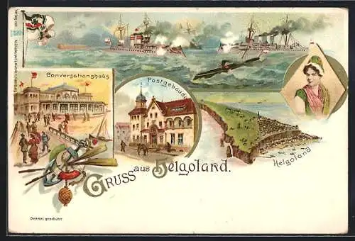 Lithographie Helgoland, Schiffe auf See, das Postgebäude, Konversationsgebäude