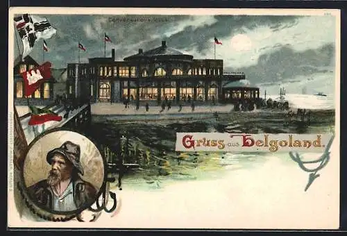 Lithographie Helgoland, Conversationshaus vom Wasser aus bei Nacht, Helgoländerin, Fahnen