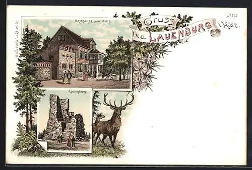 Lithographie Lauenburg / Harz, Gasthaus, Lauenburg, Hirsche