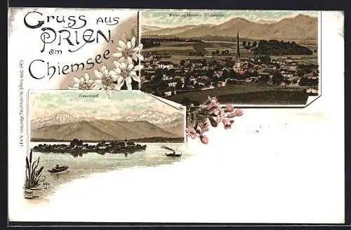 Lithographie Prien am Chiemsee, Totalansicht, Fraueninsel