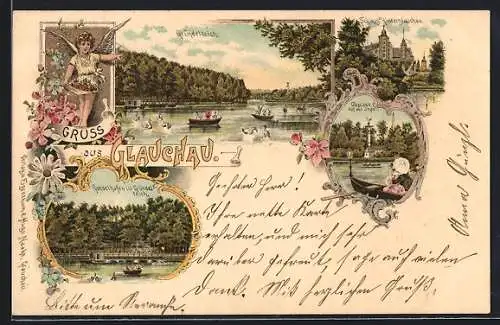 Lithographie Glauchau, Gundelhafen in Gündelteich, Schloss Hinterglauchau, Cascade auf der Insel