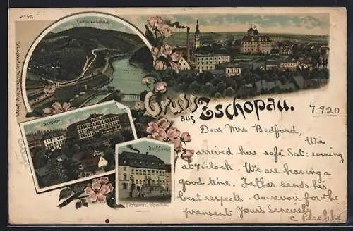 Lithographie Zschopau, Am Bahnhof, Totalansicht, Seminar, Rathaus