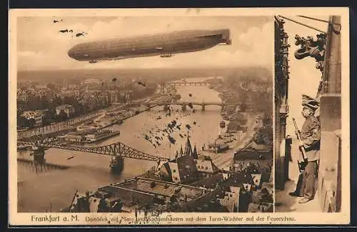 AK Frankfurt a. M., Domblick auf Main und Sachsenhausen mit Zeppelin, Turm-Wächter auf der Feuerschau