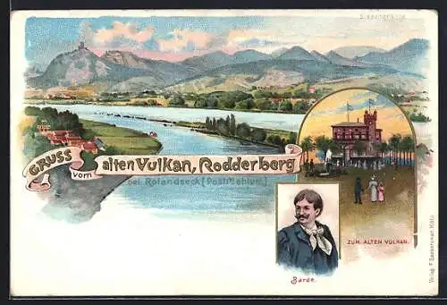 Lithographie Bonn-Rodderberg, Restaurant zum alten Vulkan und Panorama-Ansicht