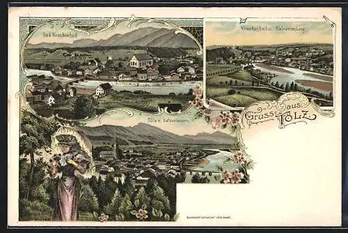 Lithographie Tölz, Bad Krankenheil, Tölz v. Kalvarienberg