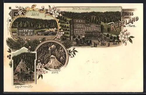 Lithographie Rübeland, Hotel Hermannshöhle, Bahnhof und Eingang zur Hermannshöhle