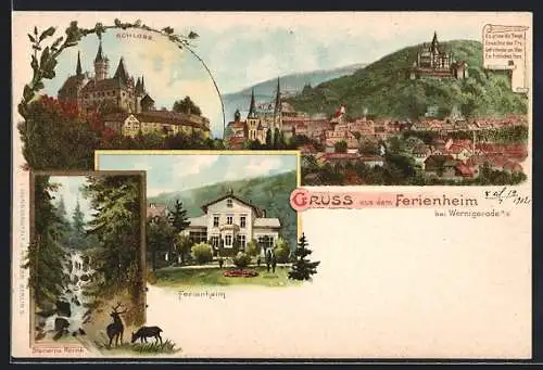 Lithographie Wernigerode, Totale mit dem Schloss, Ferienheim und Steinerne Renne