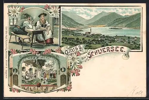 Lithographie Schliersee, Panoramablick auf Ort und See, Paar in Tracht