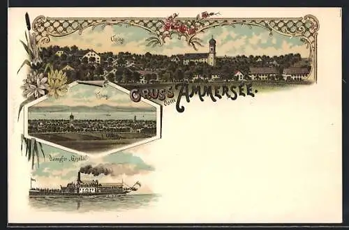 Lithographie Utting, Panorama mit der Kirche, Dampfer Gisela