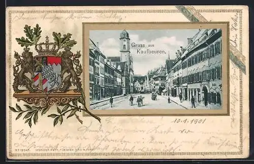 Passepartout-Lithographie Kaufbeuren, Strassenpartie mit Geschäften, Wappen