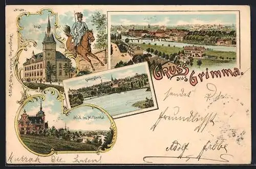 Lithographie Grimma, Blick ins Muldatal, Post, Gattersburg, Gesamtansicht, Polizist auf einem Pferd