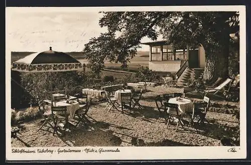 AK Teunz, Schlossbrauerei Fuchsberg, Gartenterrasse mit Blick zur Glasveranda