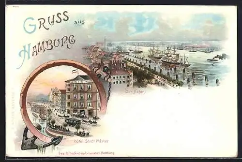 Lithographie Hamburg-Harburg, Hotel Stadt Wilster, Blick auf den Hafen