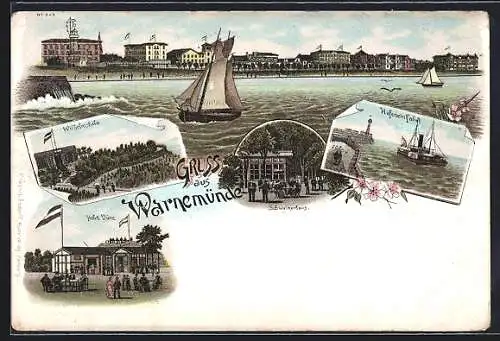 Lithographie Warnemünde, Dampfer an der Hafeneinfahrt, Wilhelmshöhe, Hohe Düne