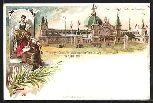 Lithographie Erfurt, Thür. Gewerbe- und Industrie-Ausstellung1894, Haupt-Ausstellungspalast, Schmied & Spinnerin