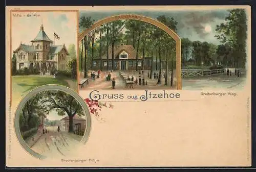 Lithographie Itzehoe, Breitenburger Weg, Breitenburger Fähre, Villa v. de Vos, Amönenhöhe