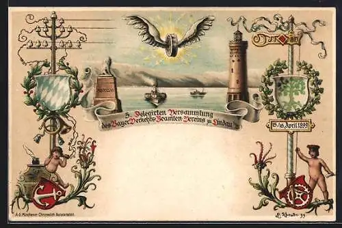 Lithographie Lindau / Bodensee, Hafeneinfahrt mit Leuchtturm, 5. Deligierten Versammlung bayer. Verkehrsbeamtenverein