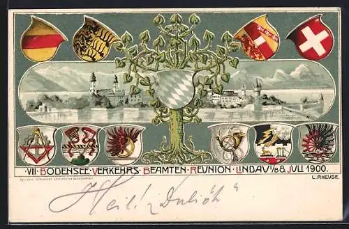 Lithographie Lindau i. B., VIII. Bodensee Verkehrs Beamten Reunion 1900 mit Wappen