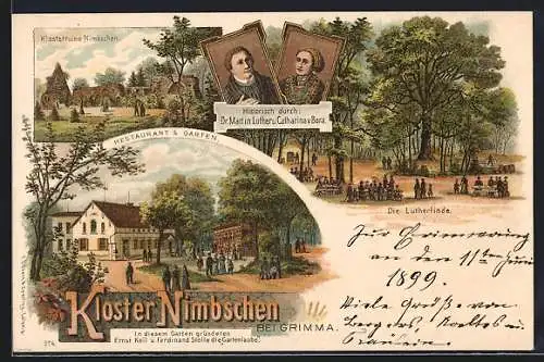 Lithographie Grimma, Restaurant & Garten Kloster Nimbschen, Lutherlinde und Klosterruine