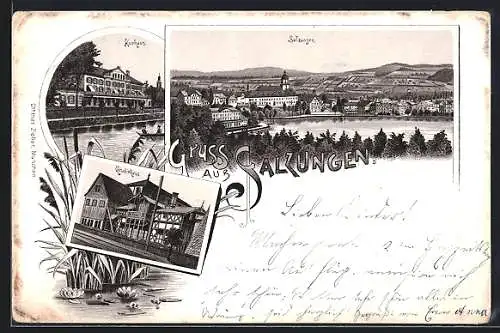 Lithographie Salzungen, Panorama mit Kurhotel und Gradirhaus