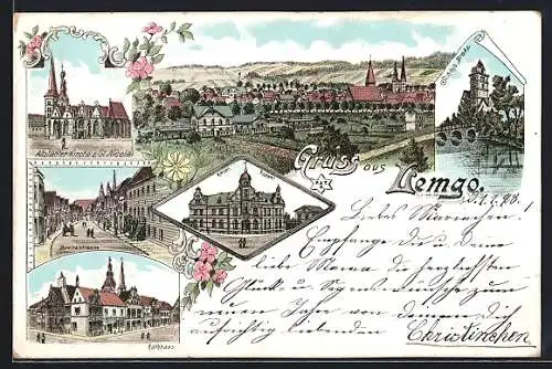 Lithographie Lemgo, Kaiserliches Postamt, Rathaus, Breitestrasse