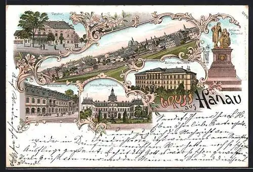 Lithographie Hanau, Schloss Philippsruhe, Theater, Zeichen-Akademie