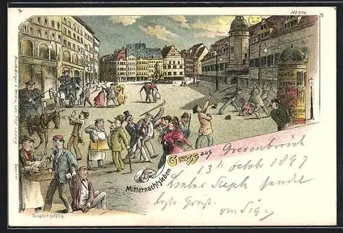 Lithographie Leipzig, Mitternachtsleben auf der Strasse