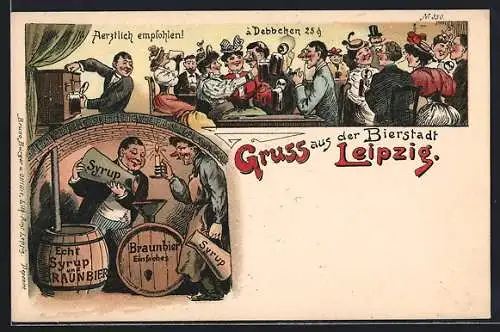 Lithographie Leipzig, Gäste in Bierstube, Syrup wird in Braunbier eingefüllt