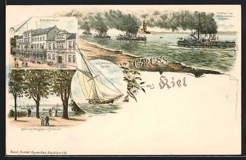 Lithographie Kiel, Hôtel Bellevue, Blick auf den Hafen, Einfahrt des Geschwaders in den Hafen