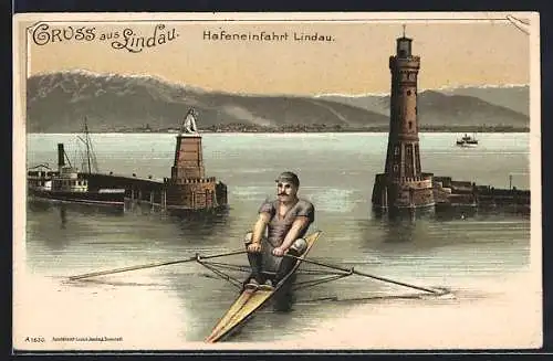 Lithographie Lindau / Bodensee, Hafeneinfahrt Lindau mit Leuchtturm und Ruderer