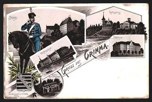 Lithographie Grimma, Gattersburg, Fürstenschule, Seminar, Kavallerist, Wappen