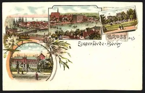 Lithographie Eckernförde-Borby, Hotel Marien-Louisen-Bad, Kgl. Baugewerkschule